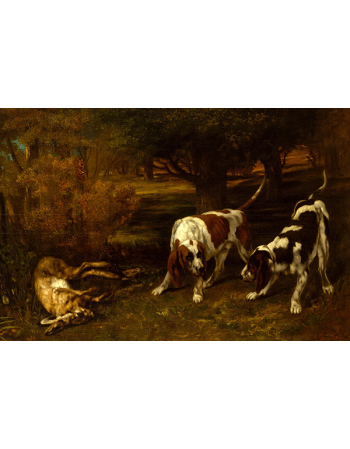 Reprodukcje obrazów Hunting Dogs with Dead Hare - Gustave Courbet