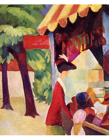 Reprodukcje obrazów In front of the hat shop woman with red jacket and child - August Macke