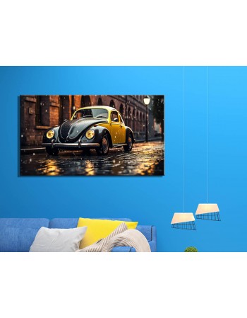 Obraz na płótnie Żółty VW Garbus w deszczu fotoobraz