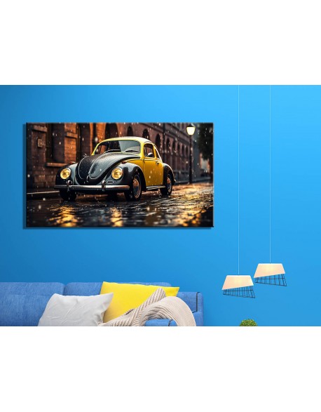 Obraz na płótnie Żółty VW Garbus w deszczu fotoobraz