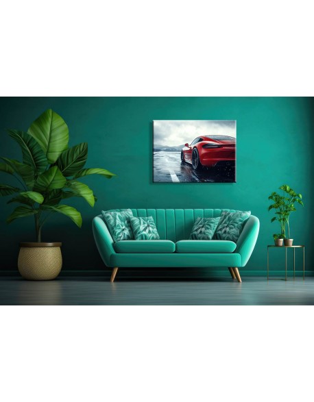 Obraz na płótnie Czerwony samochód sportowy na mokrej drodze fotoobraz