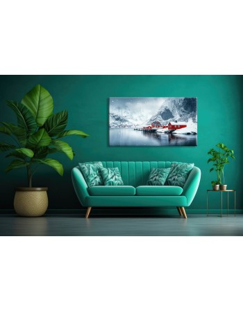 Obraz na płótnie Śnieżny krajobraz z czerwonym domem - Norwegia fotoobraz